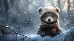 A playful bear cub with a tiny hat and scarf seen in a snowy winter wonderland captured in a wallpaper titled Whimsical Winter Bear
