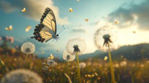 A playful butterfly flying through a field, with dandelion seeds floating in the air