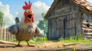 A playful cartoon chicken with a mischievous look positioned in front of an old barn can be seen in the wallpaper named ChickenBarn.jpg
