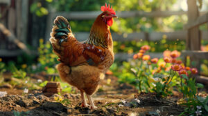 A plump chicken with vibrant feathers, scratching the ground in a sunny farmyard