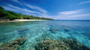 A pristine beach with crystal clear water where you can see colorful coral reefs just below the surface