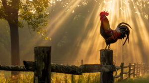 A rooster crowing on a fence post at sunrise, with rays of light filtering through the trees