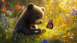 A scene captures a young bear cub frolicking with a delicate butterfly in a bright meadow framed by colorful wildflowers in the wallpaper Bear Cub and Butterfly in Meadow
