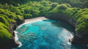 A scenic wallpaper capturing a hidden cove embraced by verdant cliffs and pristine aquamarine waters in an aerial shot