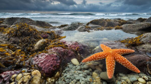 A scenic wallpaper featuring a rocky beach with tide pools teeming with starfish small fish and sea anemones set against a backdrop of rolling waves