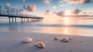 A serene morning scene by the ocean showcasing a wooden pier reaching into the tranquil water and scattered seashells on the sandy shore..getStringExtra