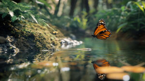 A serene scene captured in Butterfly over Clear Stream with Forest Reflections.jpg wallpaper evokes a tranquil ambiance with natures beauty