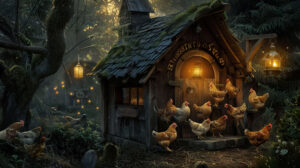 A serene scene of chickens roosting in a cozy, lantern lit coop at dusk