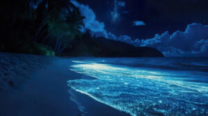 A serene wallpaper capturing a beach at night with bioluminescent waves and a starry sky mirrored on the water