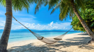 A serene wallpaper featuring a hammock stretched between two palm trees on a tropical beach gently swaying in the breeze with the ocean in the background