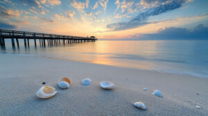 A serene wallpaper featuring a peaceful beach at dawn showcasing a wooden pier stretching into the tranquil water with scattered seashells on the sand