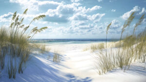 A serene wallpaper featuring a sandy beach with soft powder like sand and gentle dunes adorned with sea grass leading to the tranquil sea
