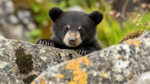 A shy and curious bear cub peeking from behind a large rock is captured in the wallpaper named Bear Cub Peek