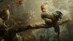 A single hen perched on a tree branch with more hens spotted in the backdrop in the photo titled Chicken Roosting in Nature.jpg