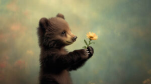 A small bear clutching a minuscule flower poised against a gentle pastel hued backdrop adds a touch of soft beauty to your wallpaper collection