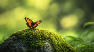 A small butterfly alights on a mossy rock set against a tranquil shady forest backdrop in the wallpaper file tiny butterfly moss rock serene forest.jpg