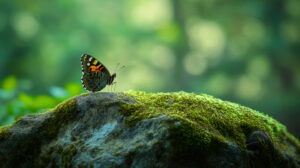 A small butterfly rests on a mossy rock against the backdrop of a calm shaded forest in the wallpaper file named butterfly on mossy rock in forest.jpg