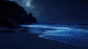 A stunning wallpaper of a dark beach illuminated by bioluminescent waves under a sky filled with twinkling stars reflecting on the water
