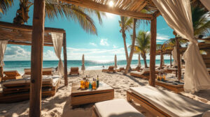 A sun soaked beach scene featuring luxurious cabanas lounge chairs tropical drinks on tables and a bright clear sky in the background