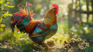 A sunny farmyard scene featuring a vibrant feathered plump chicken scratching the ground. Save this wallpaper as plump chicken in sunny farmyard.jpg