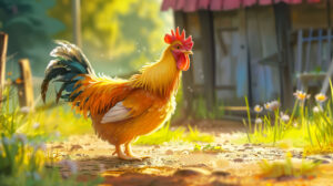 A sunny farmyard scene showcasing a well fed chicken with colorful feathers pecking at the ground. The background is vibrant and lively