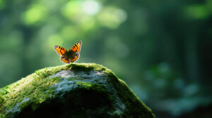 A tiny butterfly on a moss covered rock, with a background of a serene, shaded forest