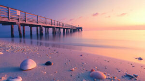 A tranquil beach at dawn with a wooden pier extending into the calm water and a few scattered seashells on the sand