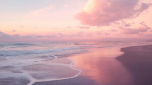A tranquil beach setting featuring soft pastel skies at sunset gentle waves on the shore and delicate pink clouds reflected in the wallpaper