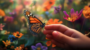 A tranquil scene captured a butterfly gently alights on a childs fingertip amidst a colorful garden of blooming flowers