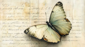 A tranquil scene captured in Butterfly Elegance on Vintage Parchment wallpaper showcasing delicate pastel wings against aged handwritten letters