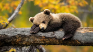 A tranquil wallpaper showing a bear cub napping on a log with its paw draping over the edge and a peaceful expression