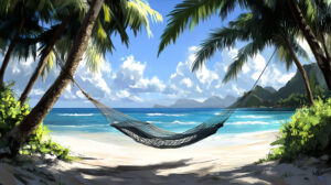 A tropical beach with a hammock tied between two palm trees, swaying gently in the breeze with the ocean in the background