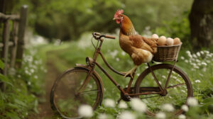 A vintage bicycle with a chicken standing on it carrying a basket brimming with fresh eggs wallpaper.jpg