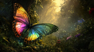A wallpaper featuring a butterfly with wings like a rainbow placed in front of a magical forest straight out of a fairy tale