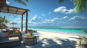 A wallpaper featuring a deluxe beach with cabanas and lounge chairs tropical drinks arranged on tables and a sunny sky overhead