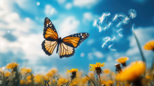 A wallpaper of a butterfly joyfully flitting across a meadow while dandelion seeds drift through the air