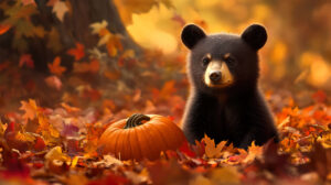 A wallpaper showing a bear cub sitting amidst a pumpkin patch with vibrant autumn leaves framing the scene
