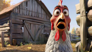 A whimsical chicken cartoon with a mischievous look posed in front of a charming old barn is captured in playful chicken in rustic barn wallpaper.jpg