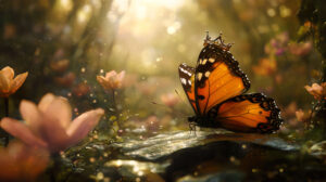 A whimsical scene of a butterfly wearing a tiny crown, sitting on a leaf in a fantastical garden