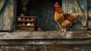 A wooden coop with a chicken perched on top showcasing visible eggs in the nesting boxes is captured in the wallpaper