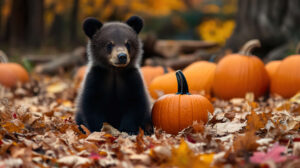 A young bear cub enjoys the serenity of a pumpkin patch enveloped by vibrant autumn leaves in the background captured in a jpg wallpaper