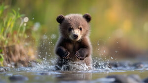 A young bear cub joyfully splashing in a stream creating a spray of water droplets around it captured in a delightful wallpaper