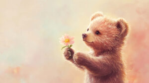 A young bear tenderly clutching a small flower in its paw set against a gentle pastel backdrop for a peaceful wallpaper