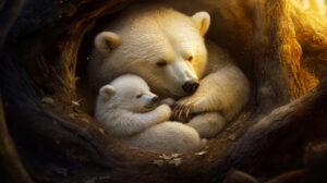 Adorable bear cub snuggles with its mother in cozy den bathed in soft light.jpg