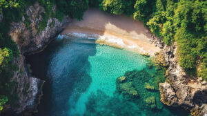 An overhead view of a secluded beach cove surrounded by lush green cliffs and clear, aquamarine waters