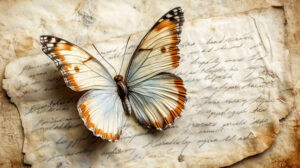 Butterfly with delicate pastel wings perched on aged parchment adorned with handwritten letters wallpaper