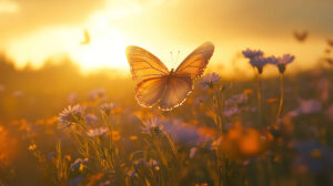 Butterfly with shimmering wings gliding over a meadow of vibrant wildflowers in the magical hues of the golden hour captured in this wallpaper