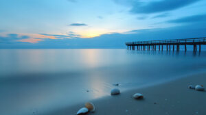 Capture the serene ambiance of a tranquil beach at daybreak featuring a wooden pier reaching into the calm water and a sprinkle of seashells scattered on the sand perfect as a wallpaper