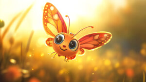 Cartoon butterfly with large eyes and a smiling expression soaring amidst a vivid and sunny backdrop in the wallpaper