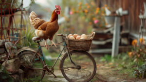 Chicken perched on old bike with basket brimming with eggs wallpaper